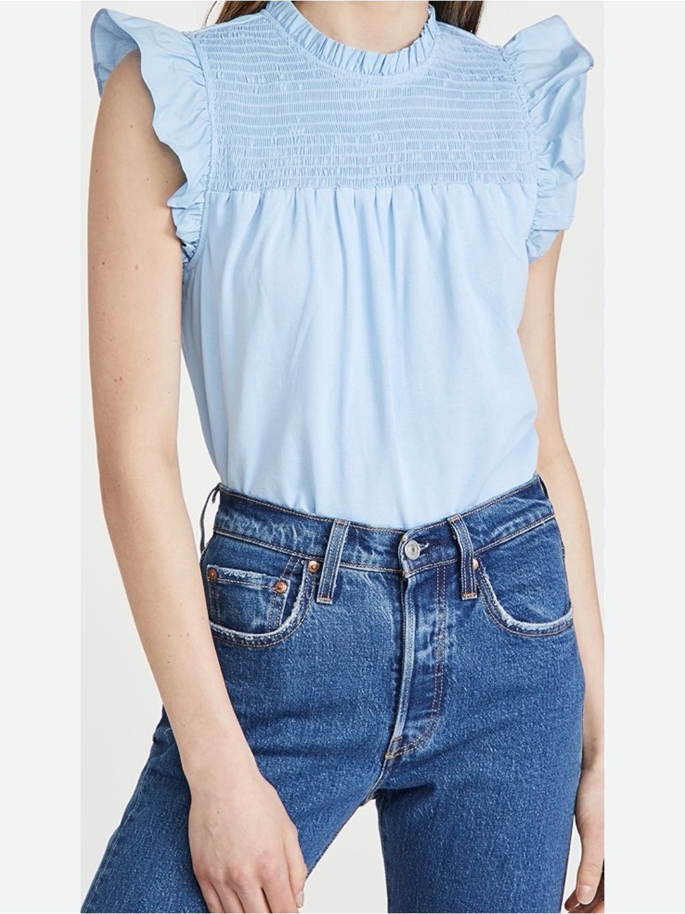 English Factory Light Sky Blue Smocking Yoke Tee. Size Large - Picture 2 of 11